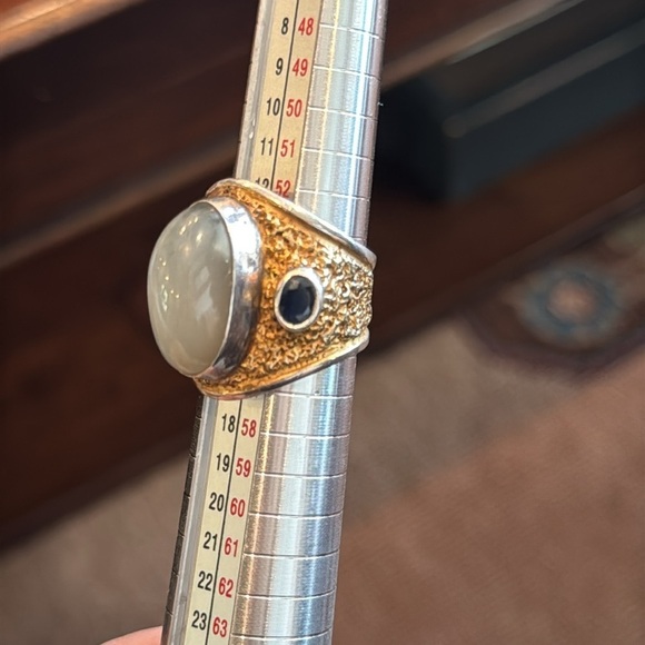 Grey Moonstone w small side sapphires Ring with Gold Plate Coloring - Picture 4 of 7